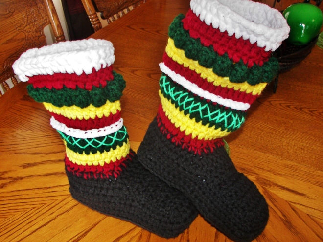 Crocheted boots to keep warm in the house.