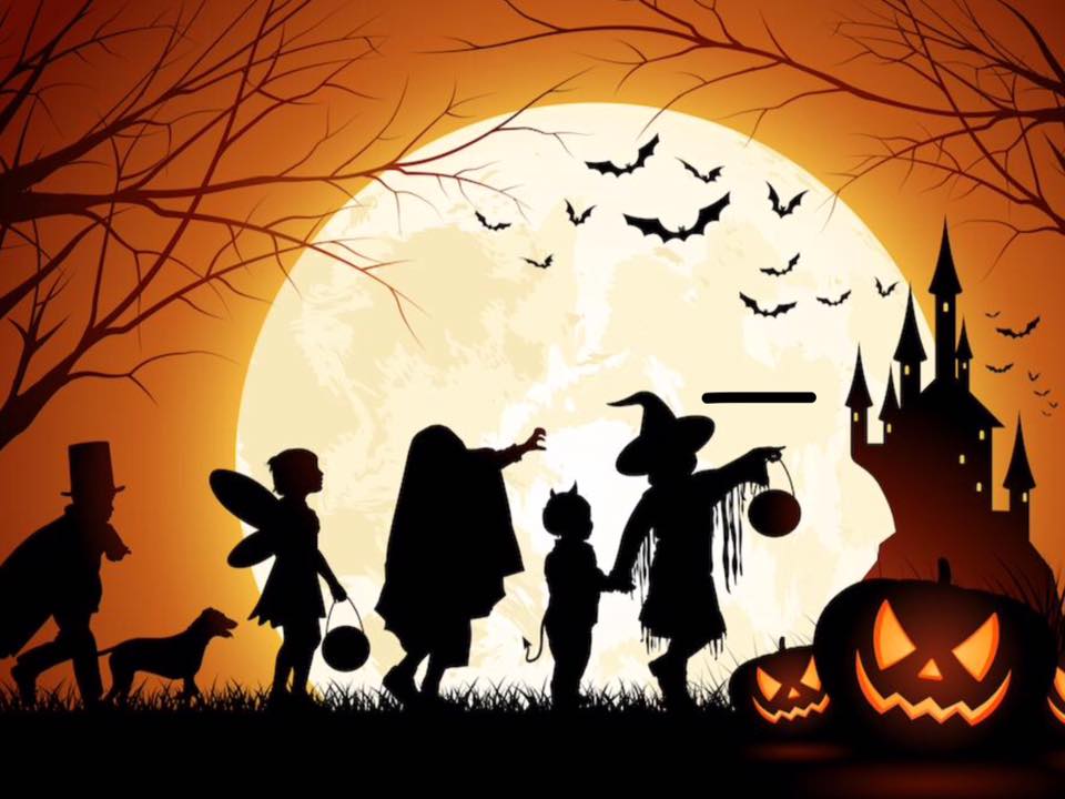 Full moon, children in costumes, jack-o-lanerns, castle, bats.